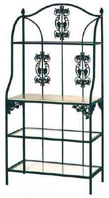 Wrought iron vineyard grapes bakers racks with tempered glass and wood shelves