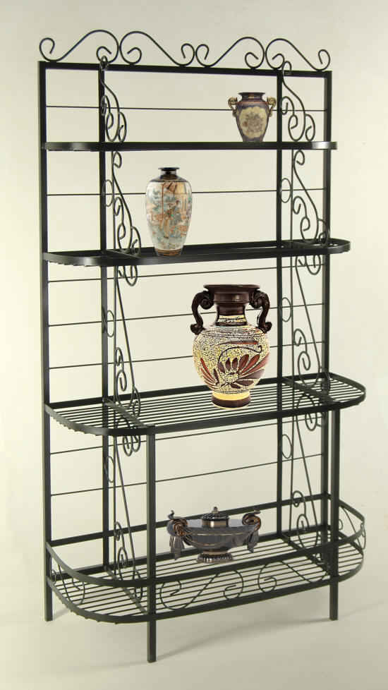 48 inch fanch French bow bakers rack in black with vases