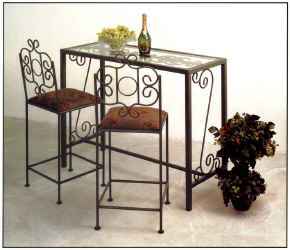 Wrought iron bar with glass top and French traditional bar stools
