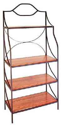Contemporary metal bakers rack with solid oak wood shelves