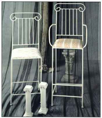 roman column style wrought iron bar stool and counter stool pair with upholstered seat cushions