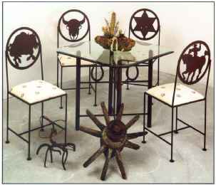 Wrought iron dining group with Western styling shown with glass top