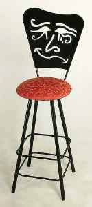 Swivel bar stool with Mardi Gras metal back pattern