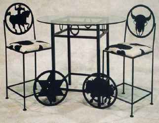 Western collection steer and cowboy counter stools with wrought iron table and glass
