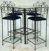 French wrought iron bar stool group with table and glass top