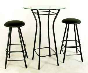 Glass table with wrought iron swivel bar stools