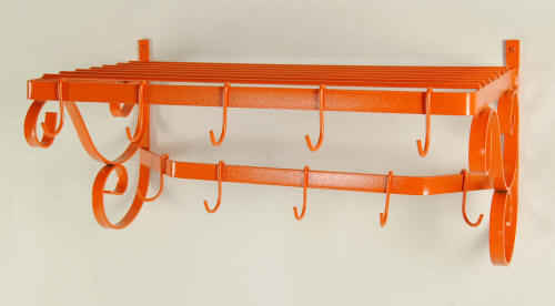 Wall mounted pot rack in bold tangerine orange finish