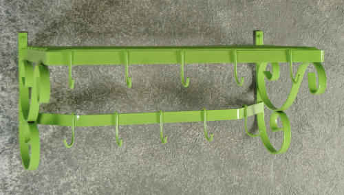 Wall mounted pot rack and hooks in lime green finish