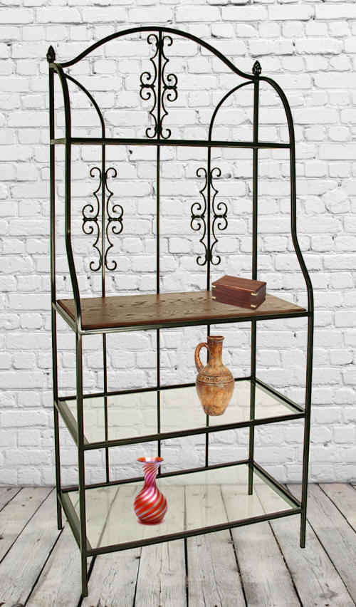 36 inch bakers rack with curls on white wall and barnwood floor
