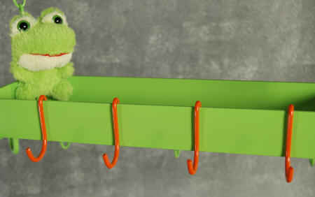 green pot rack with orange hooks and that d@mn frog again