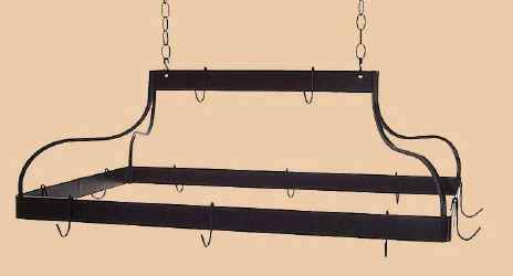 Mediterranean display pot rack made from wrought iron with chain and hooks
