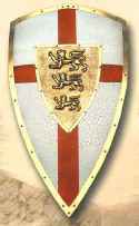 Richard Lionheart painted medieval shield with red cross on white and brass 3 lion center crest