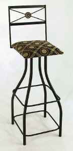 Tall wrought iron swivel bar stool with upholstered seat cushion