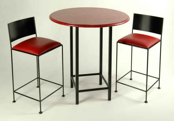 Black and red bitro bar set with 24 inch stools and 36 table