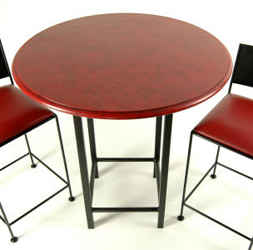 Wood table top bistro set with 24 counter stools in red and black