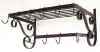 Wall mounted metal pot rack with bar and hooks